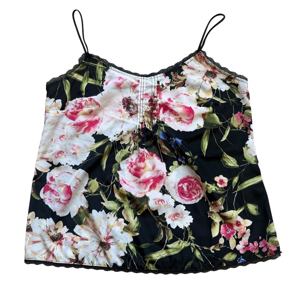 NY&C Floral Cami Top Womens Size S Black Pink Rose Print Lace Trim Date Night